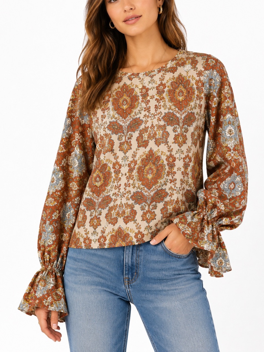 Zara Paisley Jacquard Balloon Sleeve Top